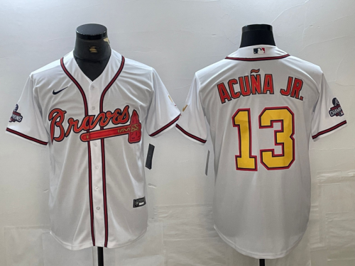 Men's Atlanta Braves #13 Ronald Acuna Jr White Gold 2021 World Series Champions Stitched Cool Base Jersey