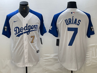 Mens Los Angeles Dodgers #7 Julio Urias Number White Blue Fashion Stitched Cool Base Limited Jersey