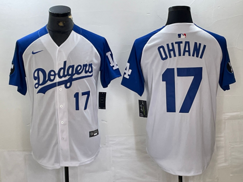 Men's Los Angeles Dodgers #17 Shohei Ohtani Number White Blue Fashion Stitched Cool Base Limited Jersey