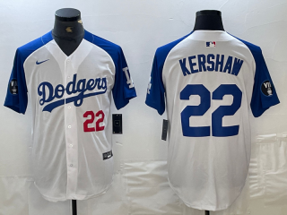 Mens Los Angeles Dodgers #22 Clayton Kershaw Number White Blue Fashion Stitched Cool Base Limited Jersey