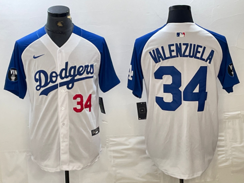 Mens Los Angeles Dodgers #34 Toro Valenzuela Number White Blue Fashion Stitched Cool Base Limited Jersey