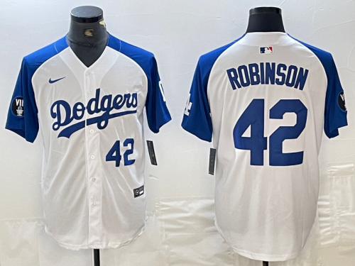 Mens Los Angeles Dodgers #42 Jackie Robinson Number White Blue Fashion Stitched Cool Base Limited Jersey