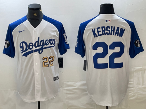 Men's Los Angeles Dodgers #22 Clayton Kershaw Number White Blue Fashion Stitched Cool Base Limited Jersey