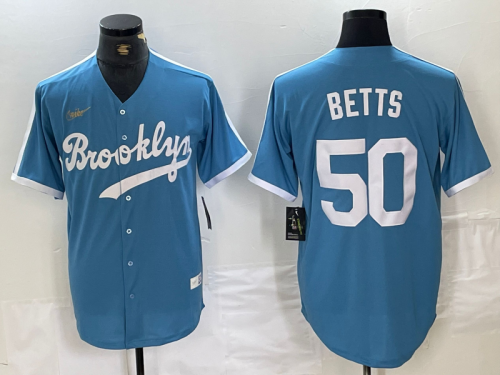 Men's Brooklyn Dodgers #50 Mookie Betts Light Blue Cooperstown Collection Cool Base Jersey