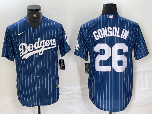 Men's Los Angeles Dodgers #26 Tony Gonsolin Navy Blue Pinstripe Stitched MLB Cool Base Nike Jersey