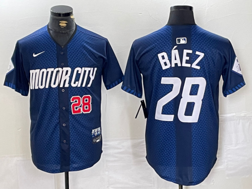 Men's Detroit Tigers #28 Javier Baez Number 2024 Navy City Connect Cool Base Limited Stitched Jersey