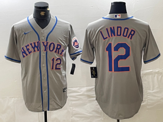 Men's New York Mets #12 Francisco Lindor Number Grey Stitched Cool Base Nike Jersey