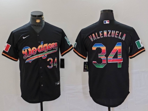 Men's Los Angeles Dodgers #34 Fernando Valenzuela Black Rainbow Mexico Cool Base Stitched Jersey