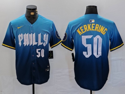 Men's Philadelphia Phillies #50 Orion Kerkering Number Blue 2024 City Connect Limited Stitched Jersey