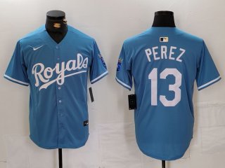 Men's Kansas City Royals #13 Salvador Perez Light Blue Cool Base Stitched Jersey