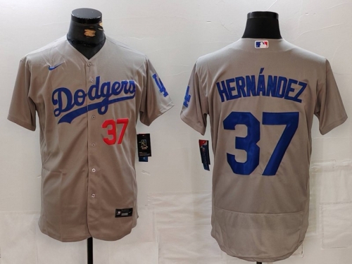 Men's Los Angeles Dodgers #37 Teoscar Hernandez Number Grey Flex Base Stitched Jersey