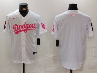 Men's Los Angeles Dodgers Team Big Logo White Pink Vin & Kobe Patch Stitched Baseball Jersey