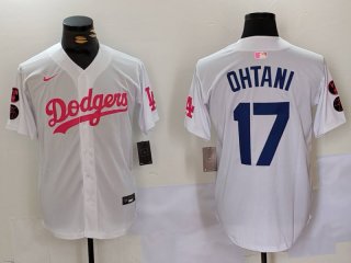 Men's Los Angeles Dodgers #17 Shohei Ohtani White Pink Vin & Kobe Patch Stitched Baseball Jersey