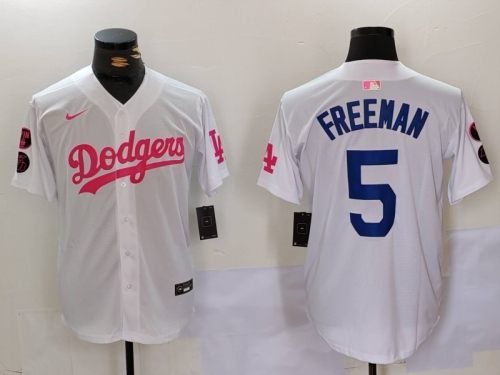 Men's Los Angeles Dodgers #5 Freddie Freeman White Pink Vin & Kobe Patch Stitched Baseball Jersey