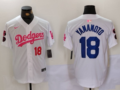 Men's Los Angeles Dodgers #18 Yoshinobu Yamamoto White Pink Vin & Kobe Patch Stitched Baseball Jerseys