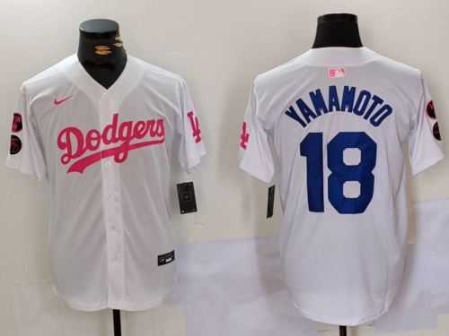 Men's Los Angeles Dodgers #18 Yoshinobu Yamamoto White Pink Vin & Kobe Patch Stitched Baseball Jersey