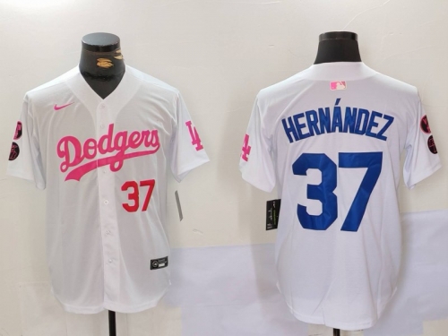 Men's Los Angeles Dodgers #37 Teoscar Hernández White Pink Vin & Kobe Patch Stitched Baseball Jersey1