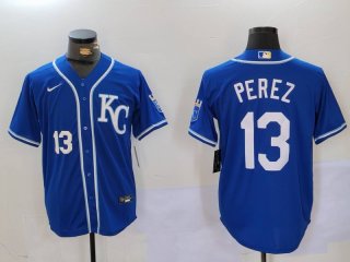 Men's Kansas City Royals #13 Salvador Perez Number Blue KC Cool Base Stitched Jersey