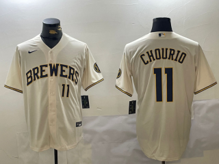 Men's Milwaukee Brewers #11 Jackson Chourio Number Cream Stitched Cool Base Nike Jersey