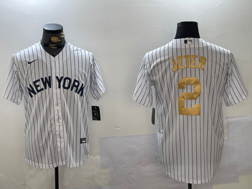 Men's New York Yankees #2 Derek Jeter White Pinstripe Fashion Cool Base Jersey