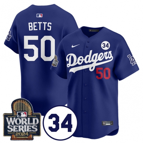 Men's Los Angeles Dodgers #50 Mookie Betts Royal 2024 World Series With No. 34 Patch Cool Base Stitched Baseball Jersey