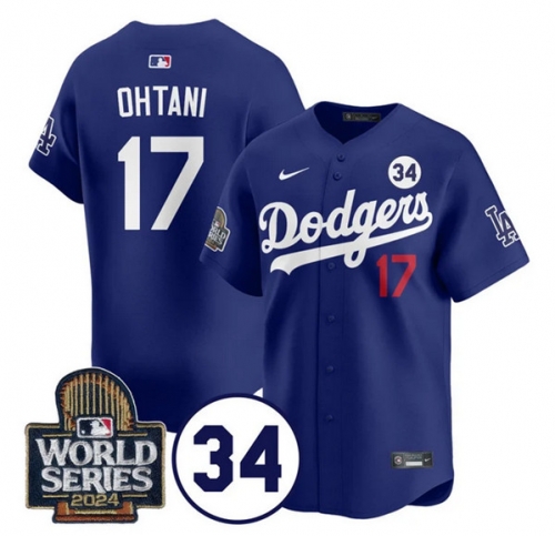 Men's Los Angeles Dodgers #17 Shohei Ohtani Royal 2024 World Series With No. 34 Patch Cool Base Stitched Baseball Jersey