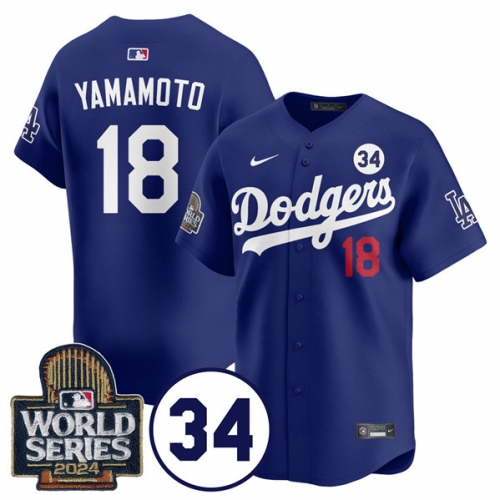 Men's Los Angeles Dodgers #18 Yoshinobu Yamamoto Royal 2024 World Series With No. 34 Patch Cool Base Stitched Baseball Jersey