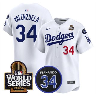 Men's Los Angeles Dodgers #34 Toro Valenzuela White 2024 World Series With Fernando Memorial Patch Limited Stitched Baseball Jersey