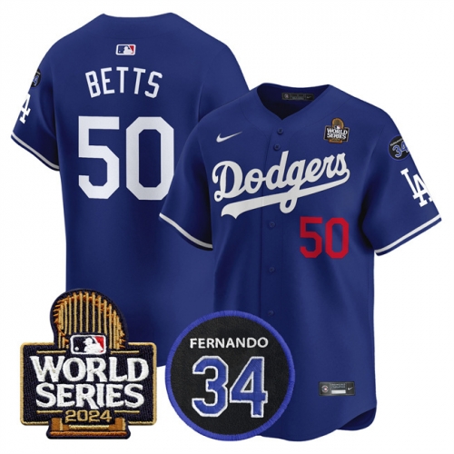 Men's Los Angeles Dodgers #50 Mookie Betts Royal 2024 World Series With Fernando Memorial Patch Limited Stitched Baseball Jersey