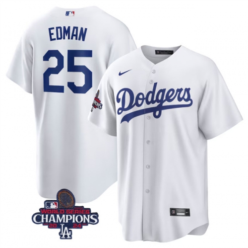 Men's Los Angeles Dodgers #25 Tommy Edman White 2024 World Series Champions Cool Base Stitched Baseball Jersey