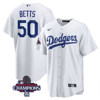 Men's Los Angeles Dodgers #50 Mookie Betts White 2024 World Series Champions Cool Base Stitched Baseball Jersey