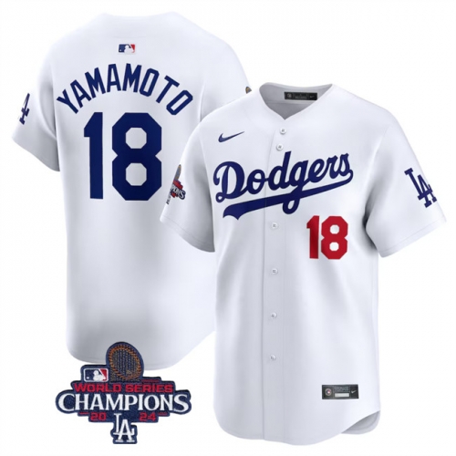 Men's Los Angeles Dodgers #18 Yoshinobu Yamamoto White 2024 World Series Champions Home Limited Stitched Baseball Jersey