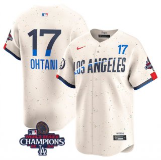 Men's Los Angeles Dodgers #17 Shohei Ohtani Cream 2024 World Series Champions City Connect Limited Stitched Baseball Jersey