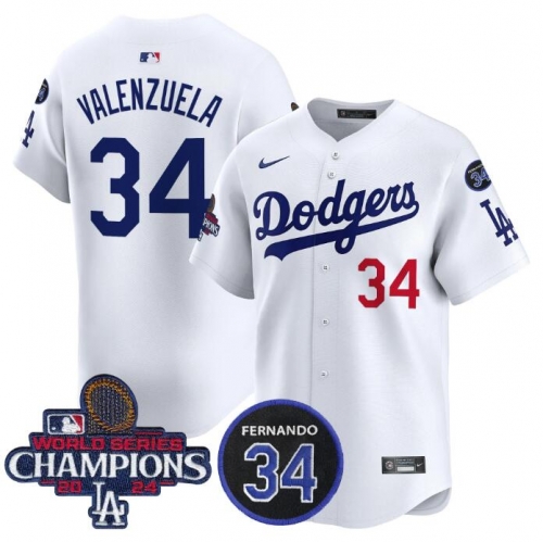 Men's Los Angeles Dodgers Active Player Cuatom White 2024 World Series Champions With Fernando Memorial Patch Home Limited Stitched Baseball Jersey