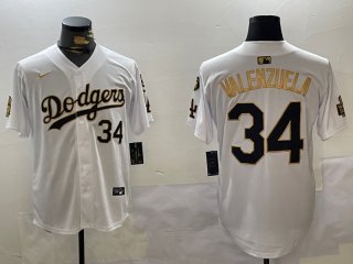 Men's Los Angeles Dodgers #34 Toro Valenzuela White Gold 2024 World Series With Fernando Memorial Patch Limited Stitched Baseball Jerseys