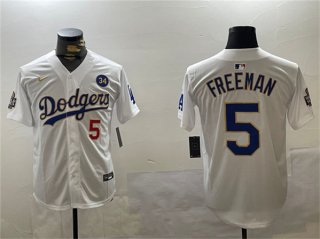 Men's Los Angeles Dodgers #5 Freddie Freeman White Gold 2024 World Series With No. 34 Patch Home Limited Stitched Baseball Jersey