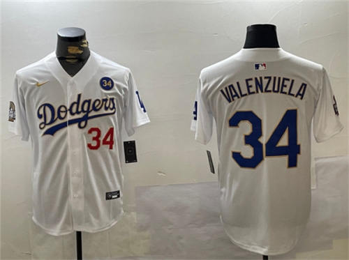 Men's Los Angeles Dodgers #34 Toro Valenzuela White Gold 2024 World Series With No. 34 Patch Home Limited Stitched Baseball Jersey