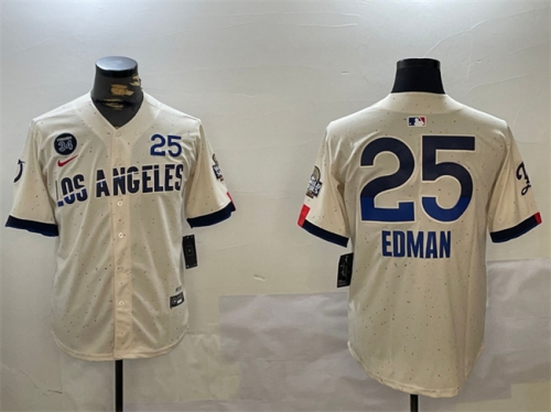 Men's Los Angeles Dodgers #25 Tommy Edman Cream 2024 World Series With Fernando Memorial Patch City Connect Limited Stitched Baseball Jersey