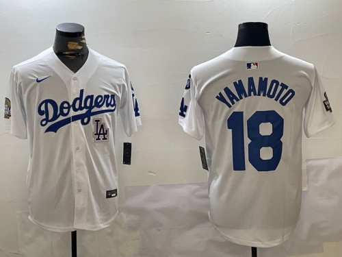 Men's Los Angeles Dodgers #18 Yoshinobu Yamamoto White 2024 World Series With Fernando Memorial Patch Home Limited Stitched Baseball Jersey