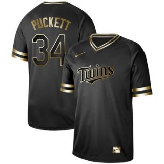 Twins #34 Kirby Puckett Black Gold Authentic Stitched Baseball Jersey