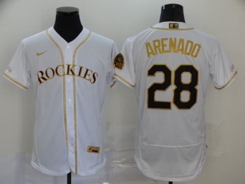 Men's Colorado Rockies #28 Nolan Arenado White With Gold Stitched MLB Flex Base Nike Jersey