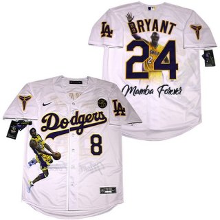 Men's Los Angeles Dodgers #8 #24 Kobe Bryant White With KB Patch Cool Base Stitched MLB Fashion Jersey