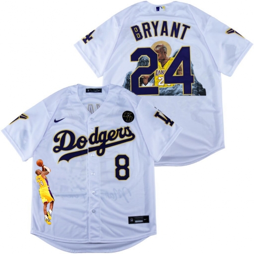 Men's Los Angeles Dodgers Front #8 Back #24 Kobe Bryant White With KB Patch Cool Base Stitched MLB Fashion Jersey