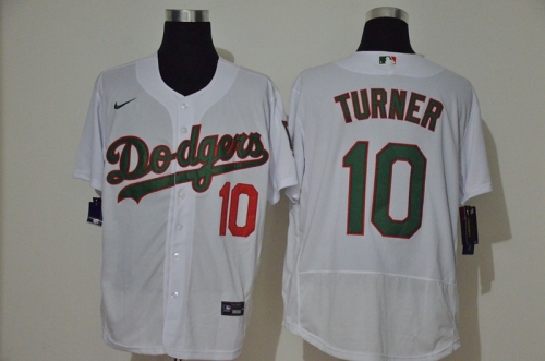 Men's Los Angeles Dodgers #10 Justin Turner White With Green Name Stitched MLB Flex Base Nike Jersey