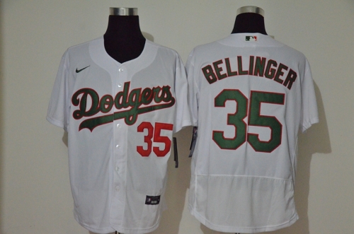 Men's Los Angeles Dodgers #35 Cody Bellinger White With Green Name Stitched MLB Flex Base Nike Jersey