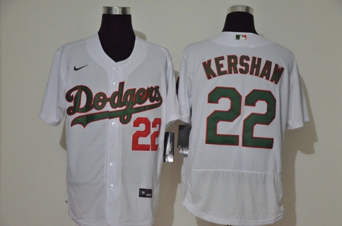 Men's Los Angeles Dodgers #22 Clayton Kershaw White With Green Name Stitched MLB Flex Base Nike Jersey