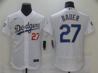 Men's Los Angeles Dodgers #27 Trevor Bauer White Gold Champions Patch Stitched MLB Flex Base Nike Jersey