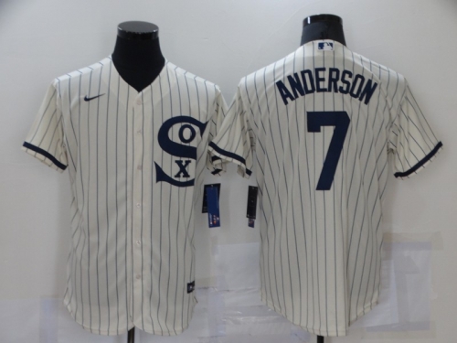 Men's Chicago White Sox #7 Tim Anderson 2021 Cream Navy Field of Dreams Name Flex Base Stitched Jersey