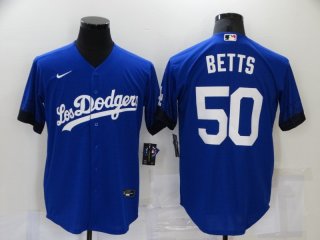 Men's Los Angeles Dodgers #50 Mookie Betts Blue 2021 City Connect Cool Base Stitched Jersey