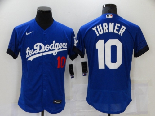 Men's Los Angeles Dodgers #10 Justin Turner Blue 2021 City Connect Flex Base Stitched Jersey